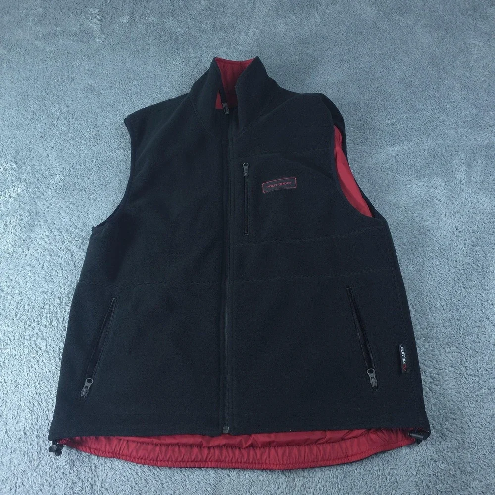 Polo Ralph Lauren Vest Mens Large Black Red Reversible Fleece Polartec Full Zip